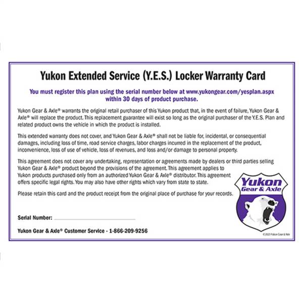 Yukon Gear - Yukon Gear Yukon Extended Service plan for Grizzly/Zip Locker.  -  YESLOCKER - Image 1