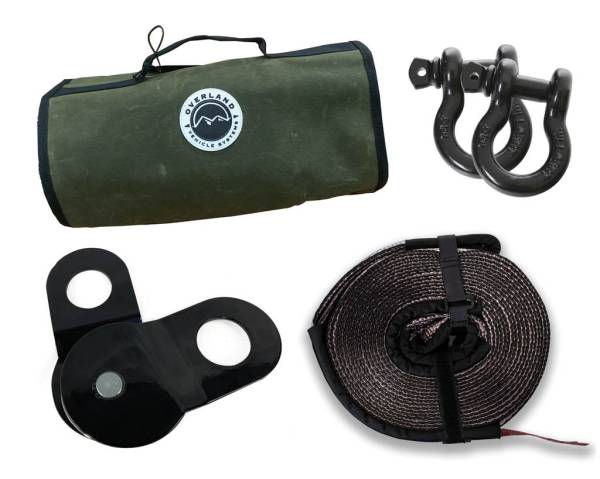 Overland Vehicle Systems - Overland Vehicle Systems Recovery Wrap Kit Including 20 Inch Tow Strap Pair of Black D-Rings Snatch Block and Canvas Bag - 33-0501 - Image 1