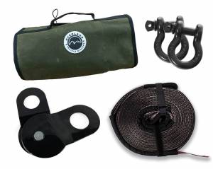 Overland Vehicle Systems Recovery Wrap Kit Including 20 Inch Tow Strap Pair of Black D-Rings Snatch Block and Canvas Bag - 33-0501